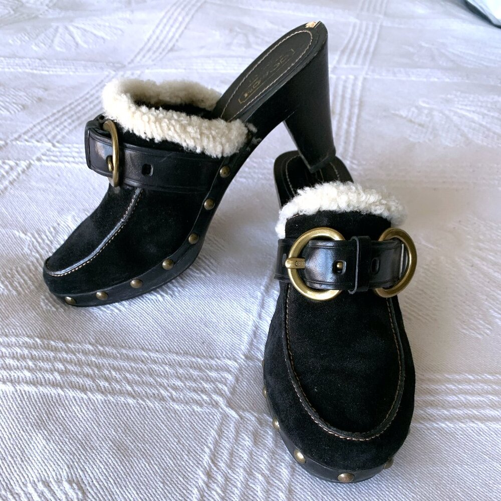 Coach Sondra Mule, Suede Leather, Shearling, Wood Bottoms, Brass buckle, Sz 8.5